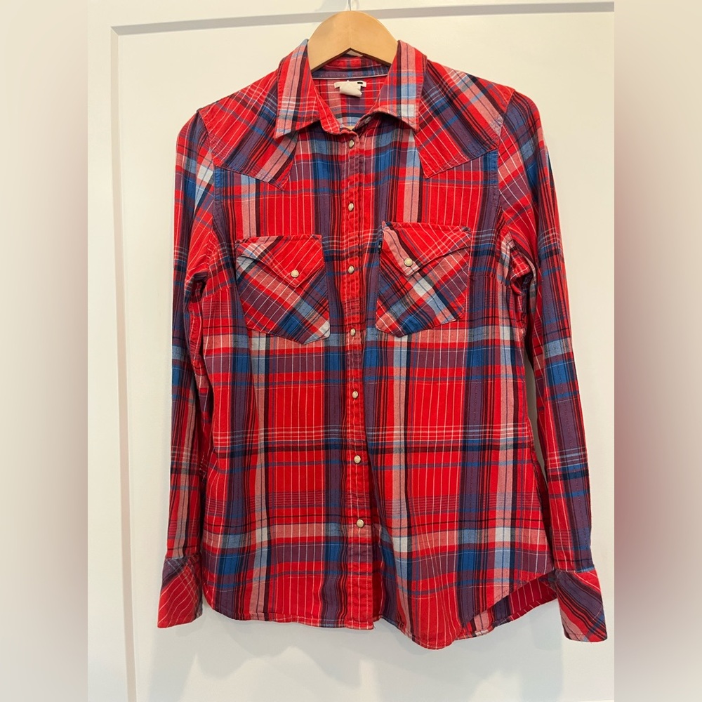 Levi’s plaid western cowgirl rodeo pearl snap button red and blue shirt Sz L